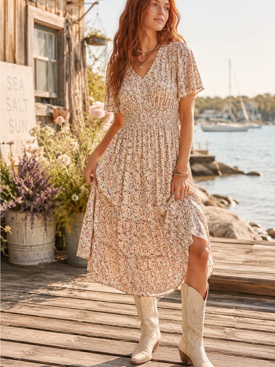 Polagram Dresses & Skirts - 🌷 NWOT | Polagram | Cream Floral Smocked Midi Dress | size M